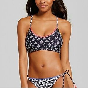 Xhilaration Black Diamond Print Bikini set with Coral and Golden Fringe Trim